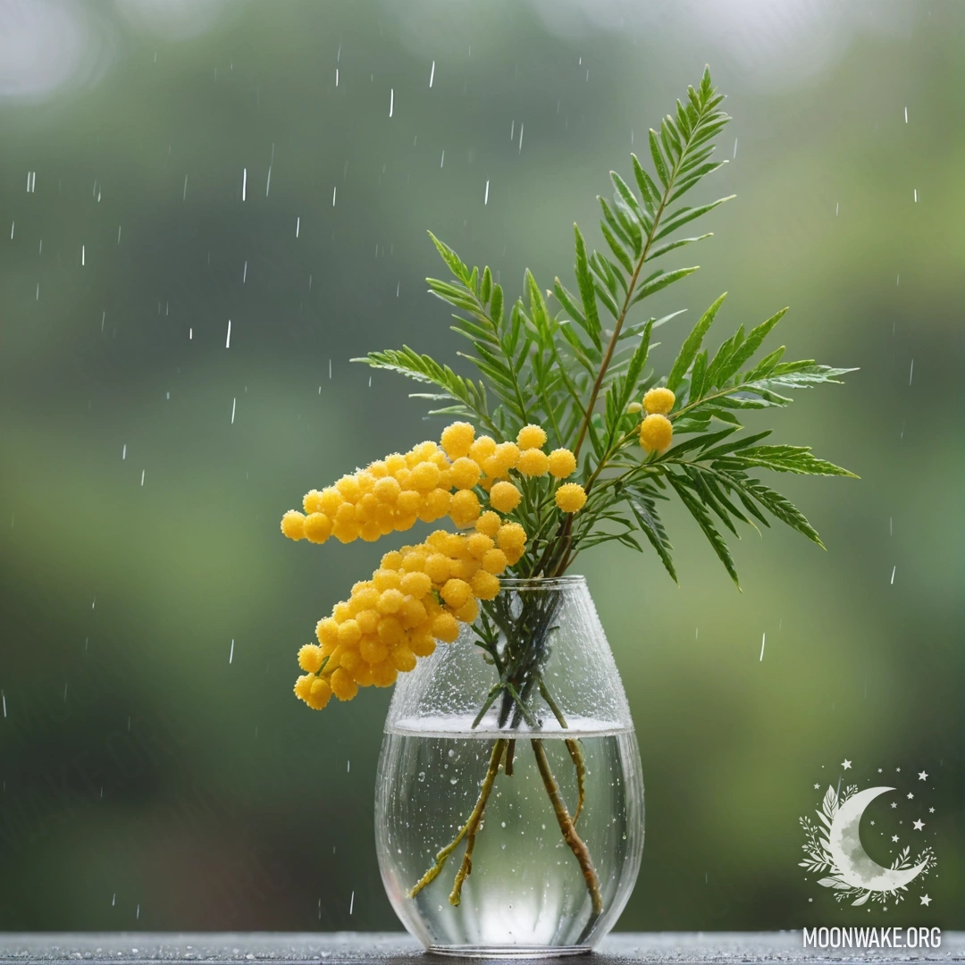 Minimalist Mimosa in Rain A delicate pastel-colored mimosa in a vase, softly touched by rain.