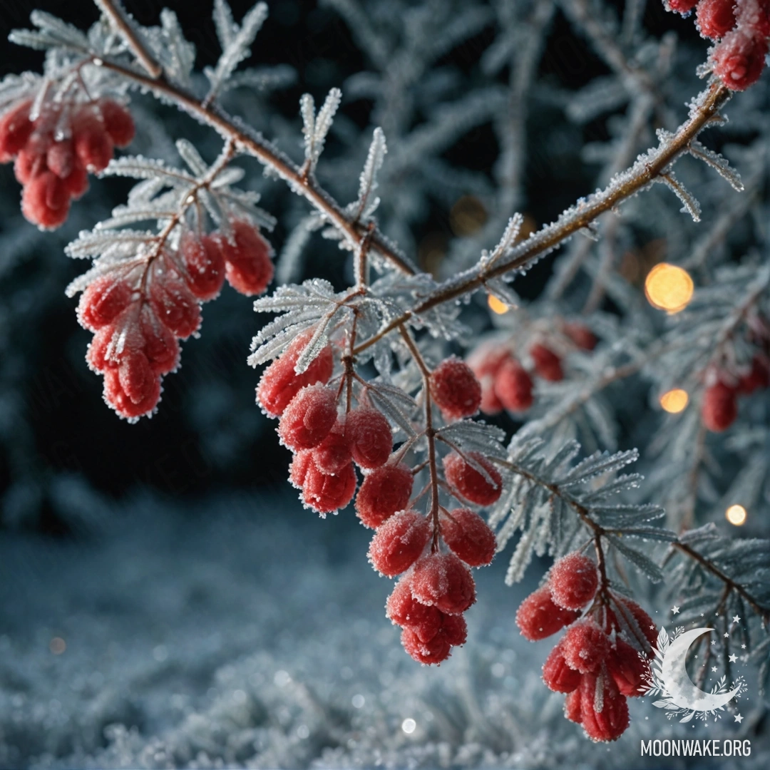 Minimalist Frosted Mimosas at Night A close-up of red mimosa flowers covered in frost, shimmering under the night sky.