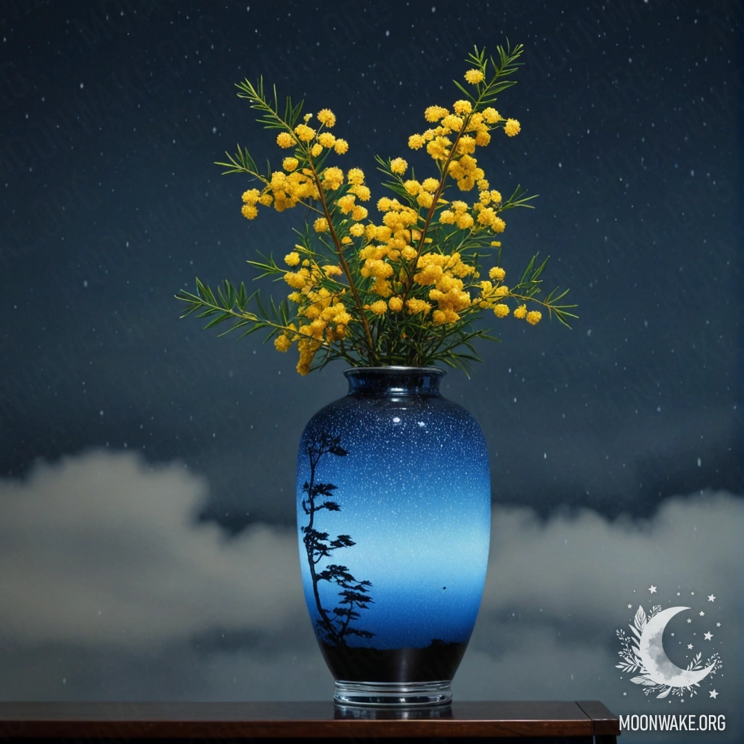 A sky blue vase holding mimosa flowers under the rain at night.