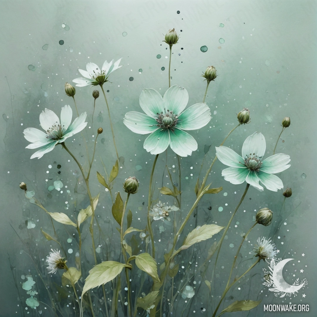 A delicate composition of mint-colored wildflowers adorned with sequins.