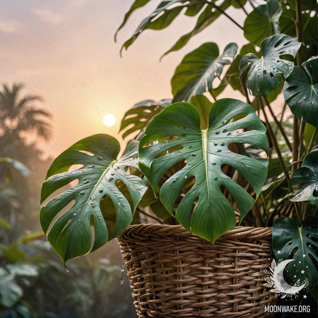A peaceful watercolor painting of monstera leaves with dew drops inside a pastel-colored basket at sunset.