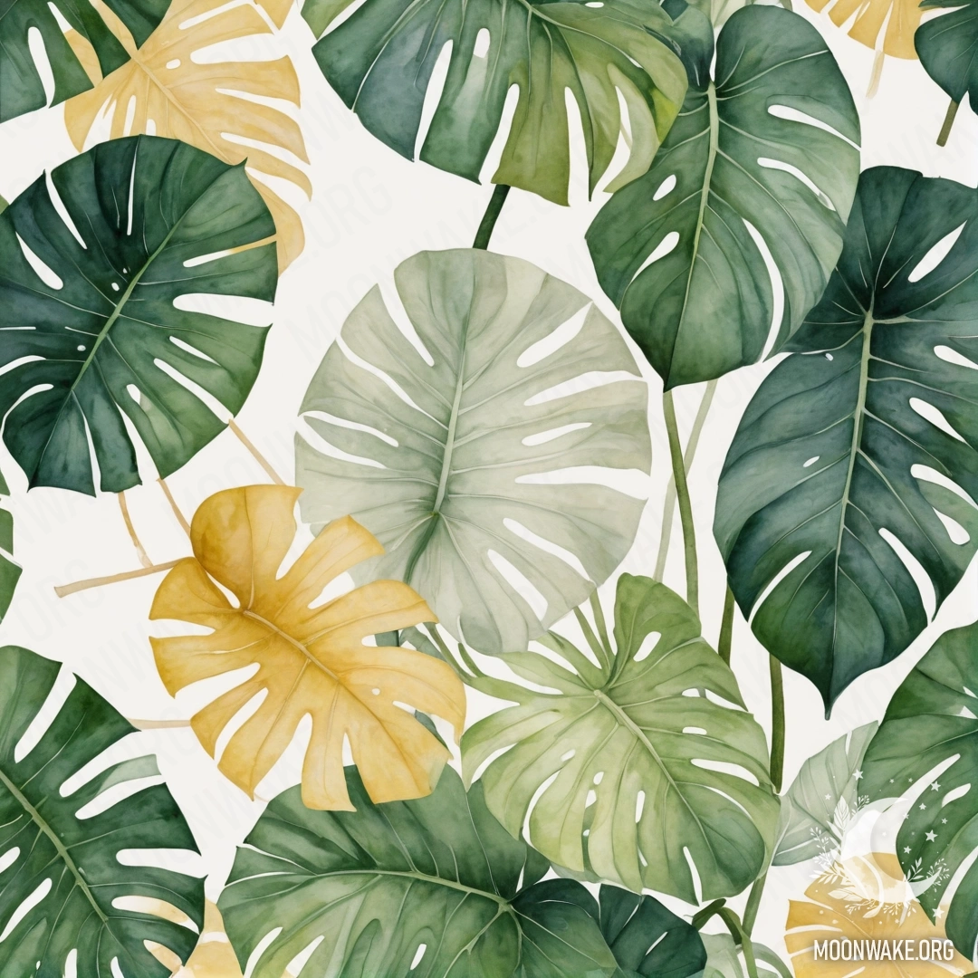 A minimalist watercolor painting featuring cream yellow flowers and monstera leaves.