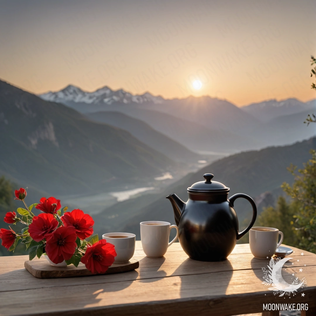 Minimalist Mountain Sunset Table Scene A wooden table with a jar of red flowers and a coffee pot against a mountain backdrop at sunset.