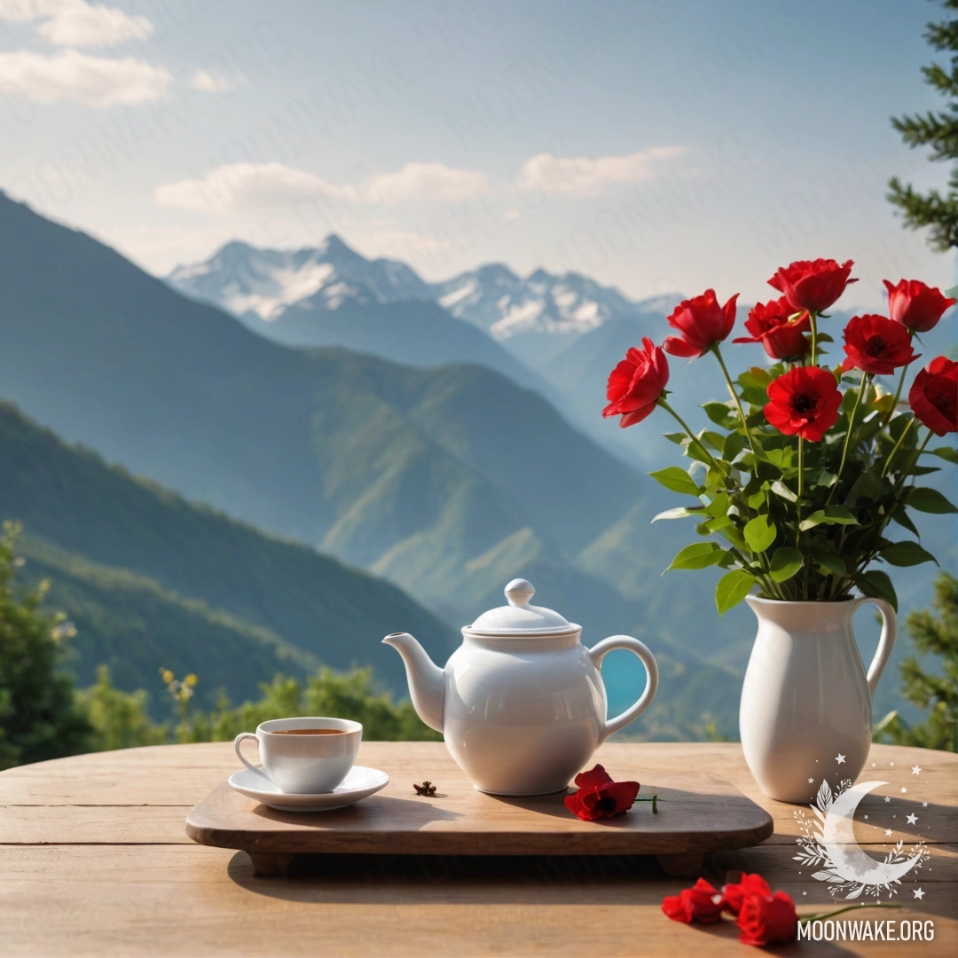 Minimalist Mountain Table with Flowers A wooden table set against a mountain backdrop, featuring a jar of red flowers, a coffee pot, and cups with garland lights.