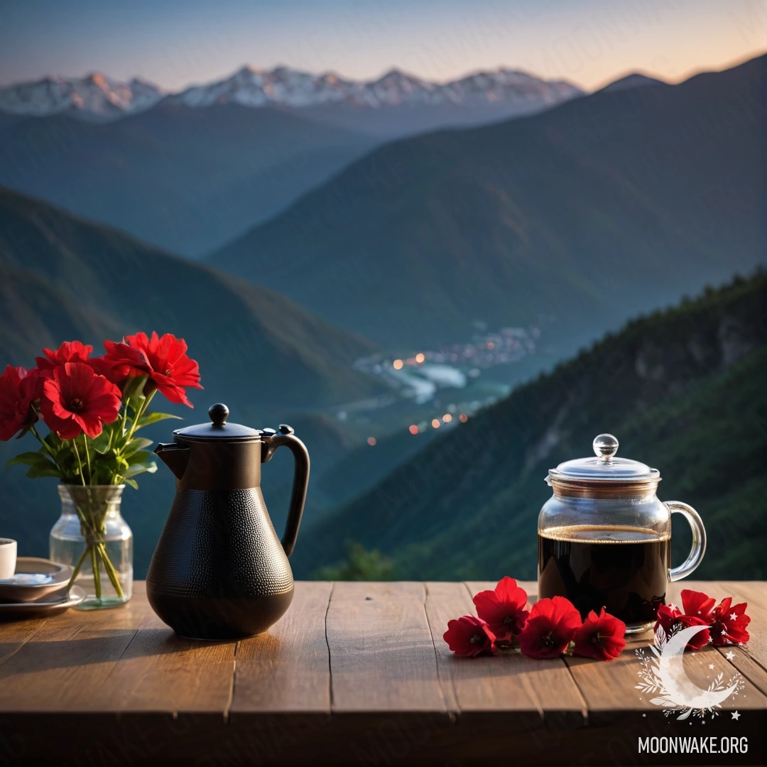 A wooden table at night with a jar of red flowers and coffee pot.