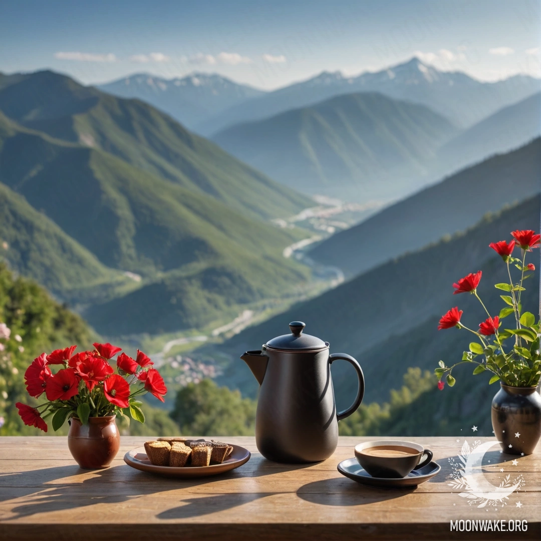 A wooden table against mountainous backdrop, featuring red flowers, a coffee pot, and cups illuminated by sun rays.
