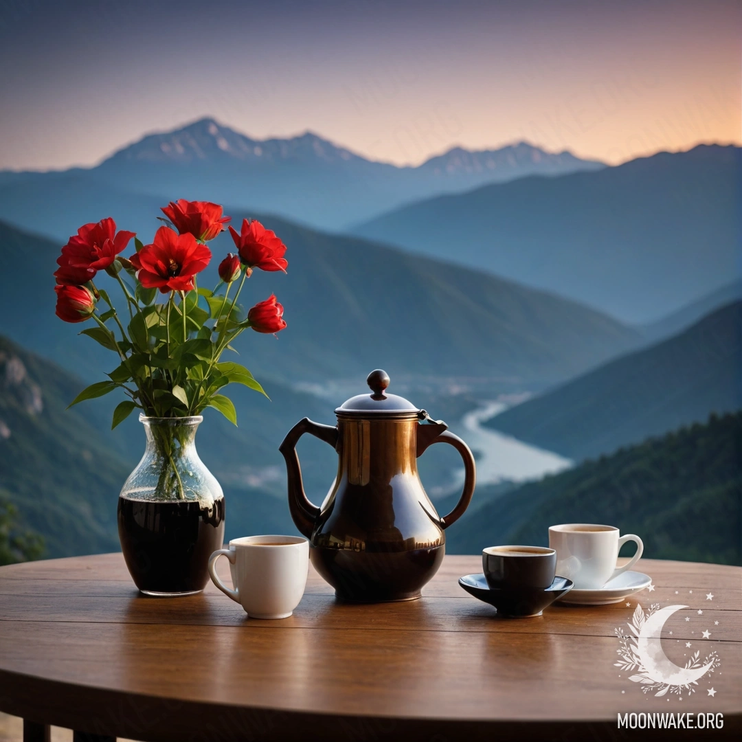 A minimalist wooden table at night with mountains in the background, featuring a jar of red flowers, a coffee pot, and cups.