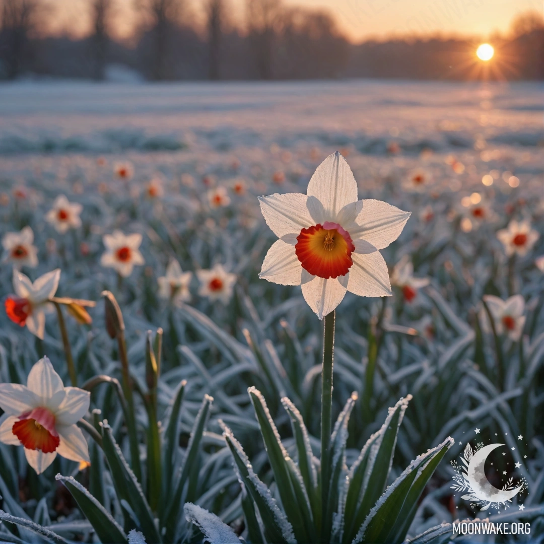 Minimalist Narcissus in Frost at Sunset A minimalist painting featuring a red narcissus flower in frost during sunset.