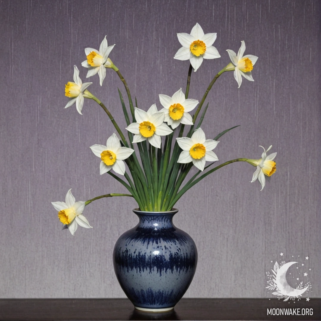 A delicate narcissuss flower in a lavender vase, surrounded by mist and raindrops.