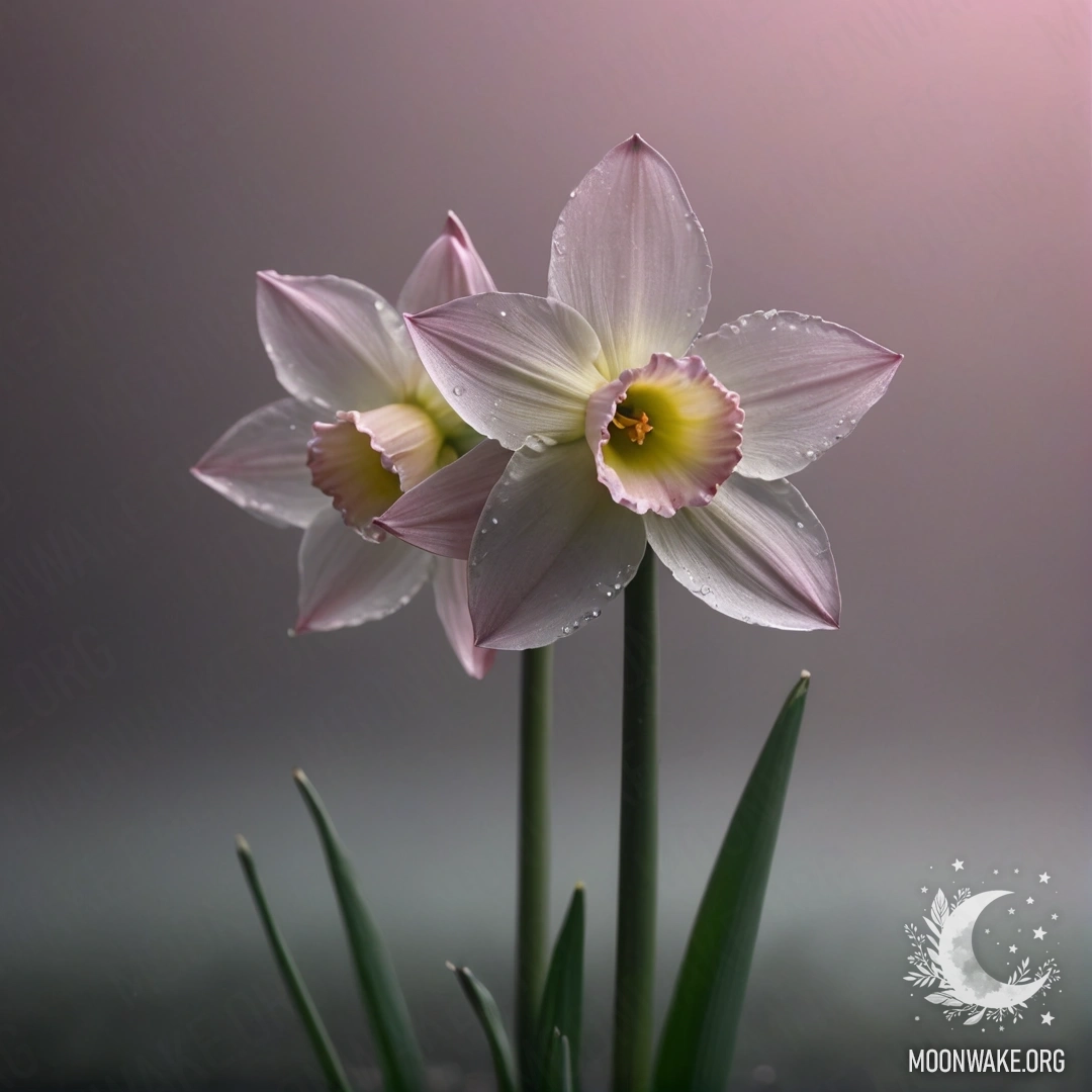 Minimalist Narcissus in the Fog A pink narcissus flower shrouded in dense fog, adorned with rhinestones.