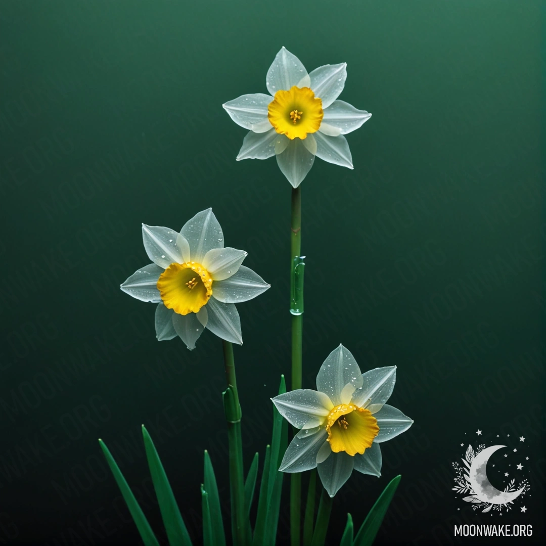Minimalist Narkissos in the Mist A green narcissus flower emerges from mist at night, adorned with rhinestones, reflecting elements of Chinese art.