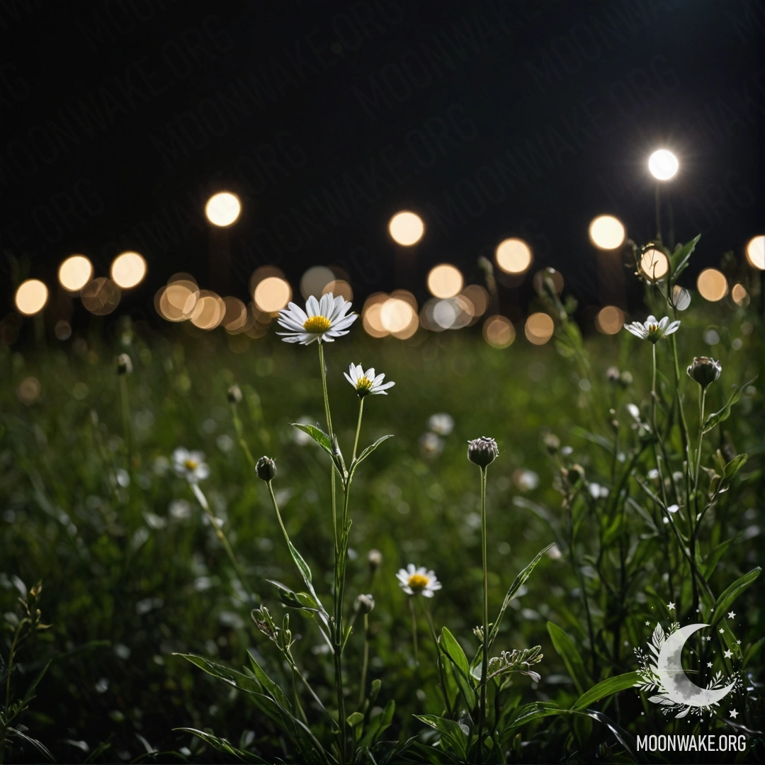 Minimalist Night Field Flowers Close-up of delicate flowers in a field with a blurred forest background at night.