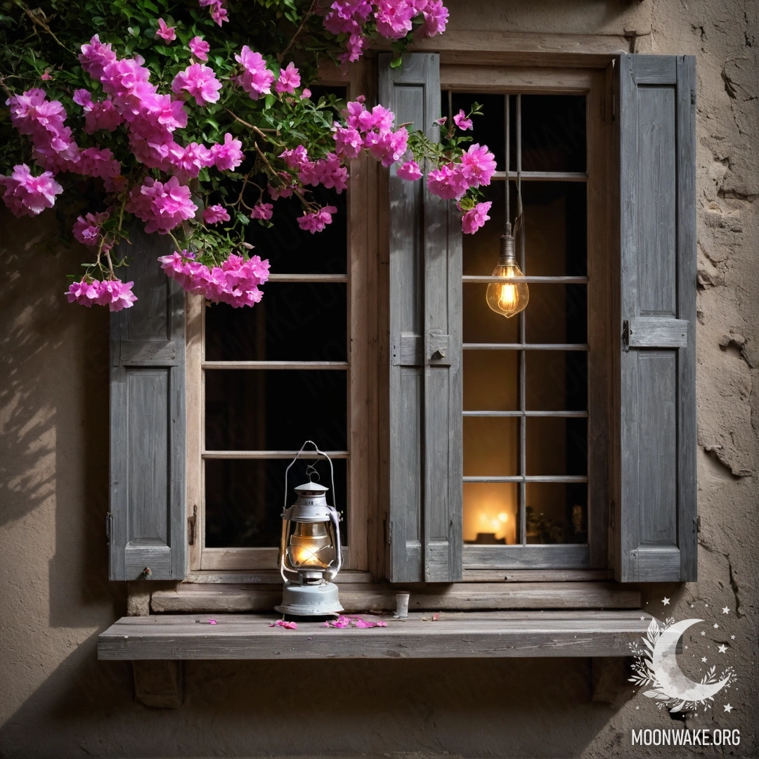 Minimalist Night Window with Flowers A wooden window with shutters, adorned with pink flowers and a kerosene lamp hanging above, at night.