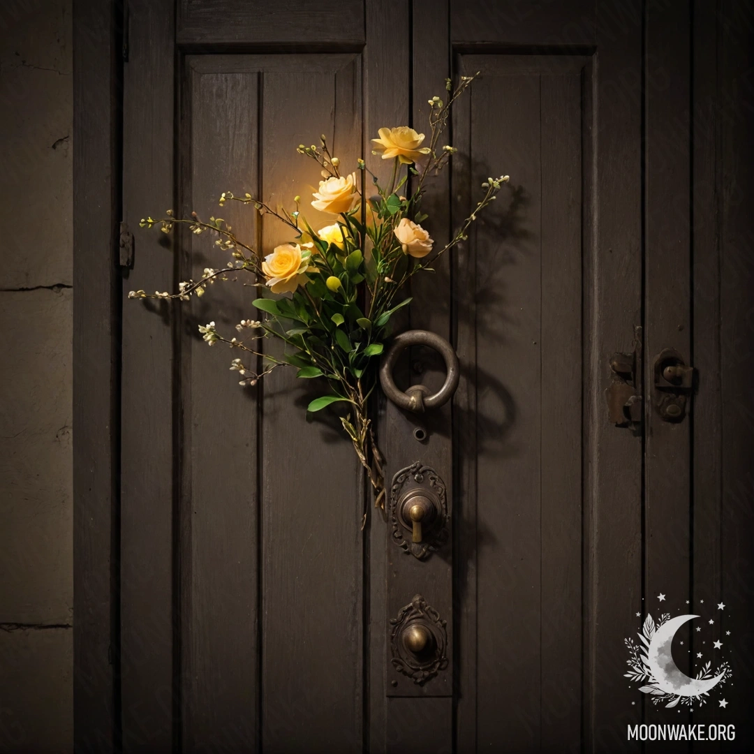 A shabby door adorned with twigs and flowers on the handle at night.