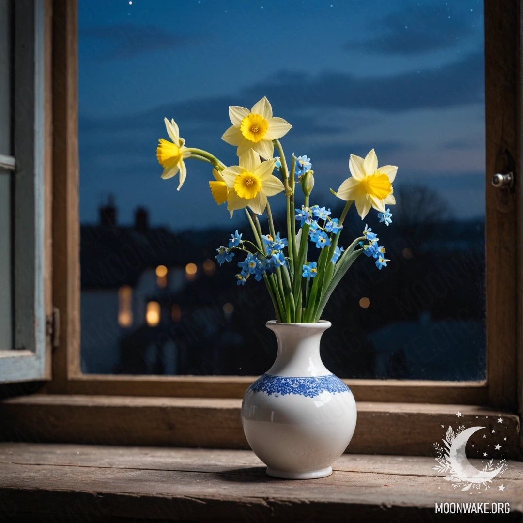 Minimalist Nighttime Floral Arrangement A shabby wooden window sill at night with a white porcelain vase containing daffodils and forget-me-nots.