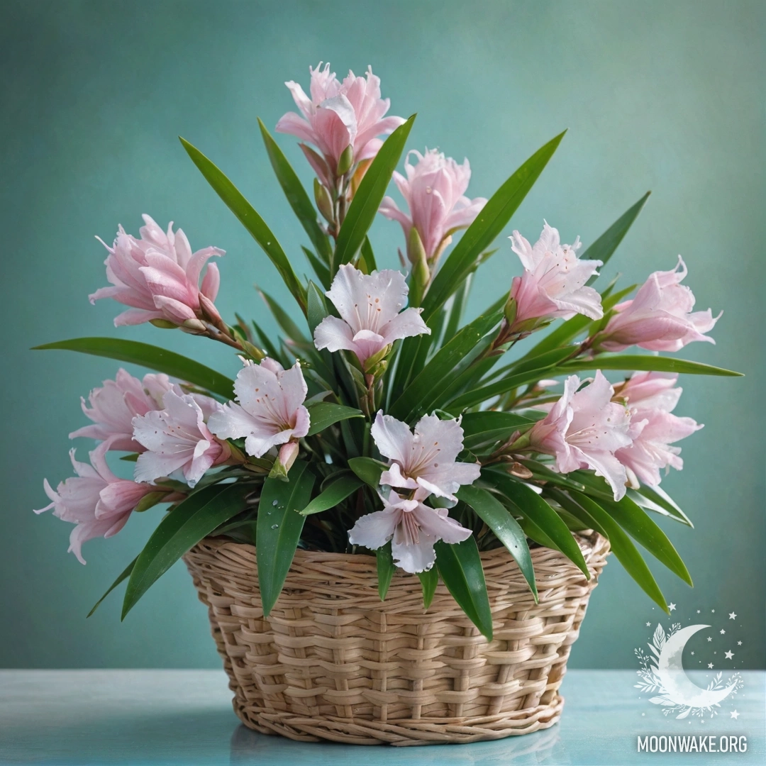 A basket filled with oleander flowers adorned with dew drops, in soft greenish-blue hues.