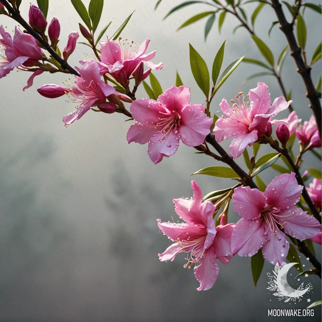 A minimalist scene featuring oleander flowers in fog with sunny rays and rhinestones.