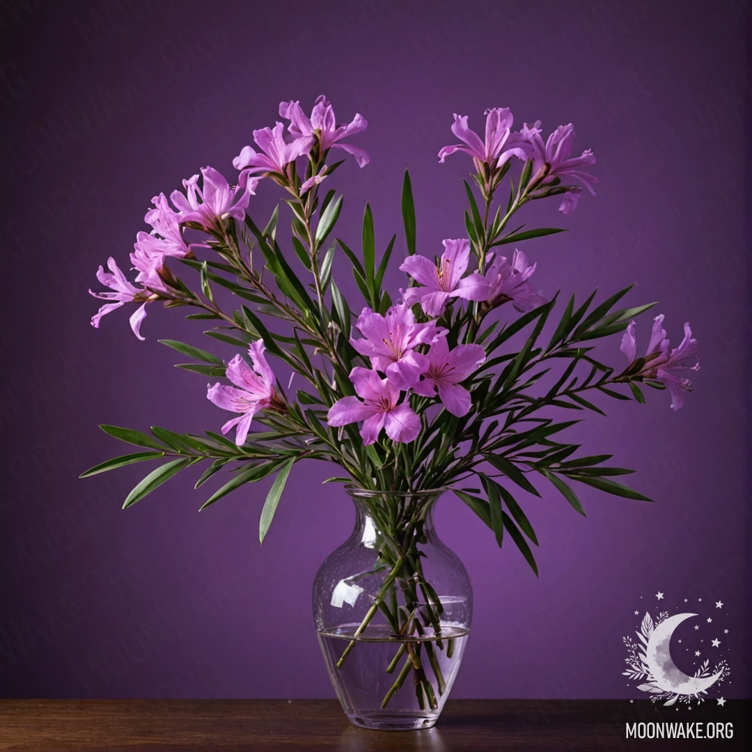 A minimalist purple oleander in a vase at night.