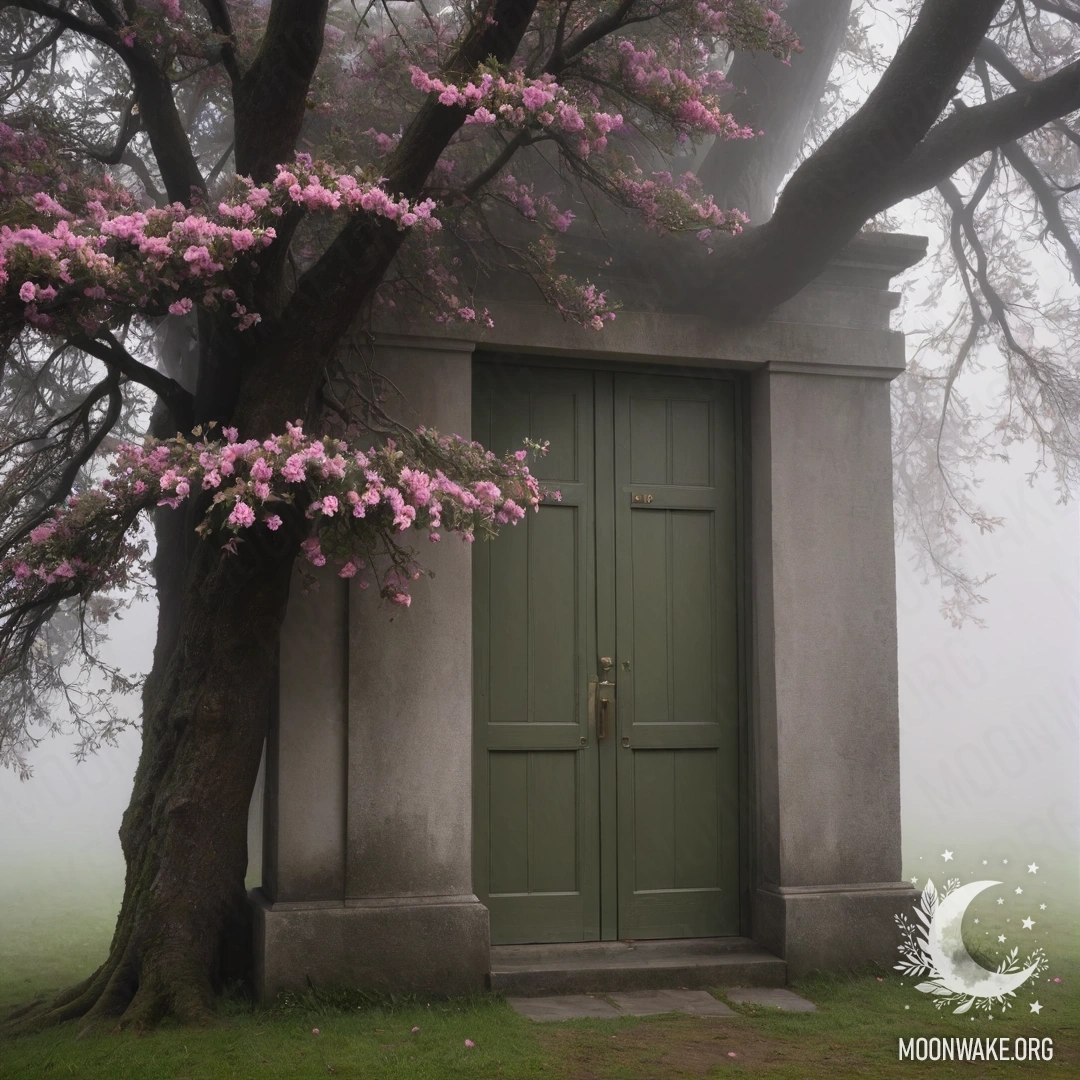 Minimalist Olive Door with Blossoming Tree A minimalist olive door with a tree full of pink flowers above it, enveloped in thick fog.