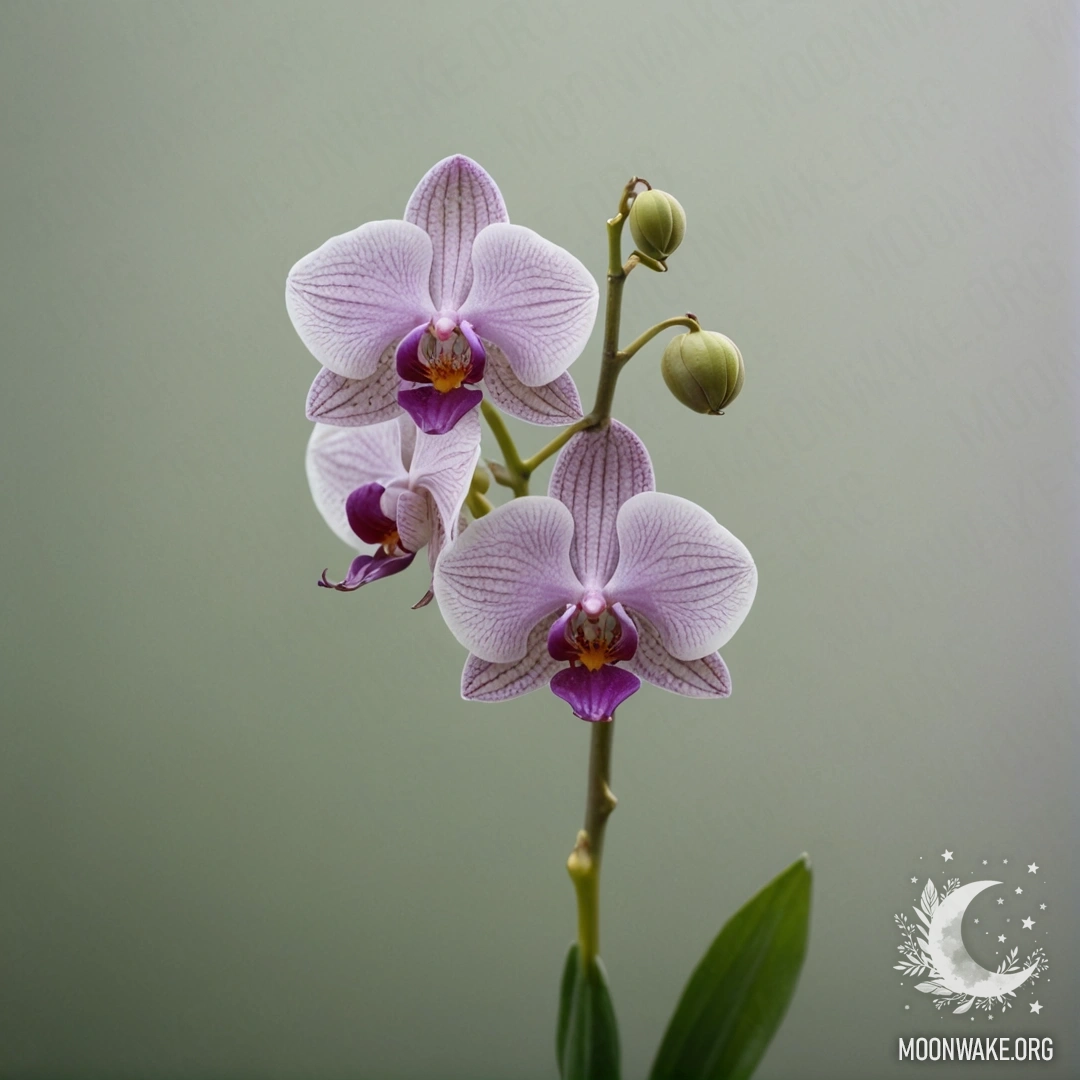 A single orchid stands out in a foggy background colored sage green.