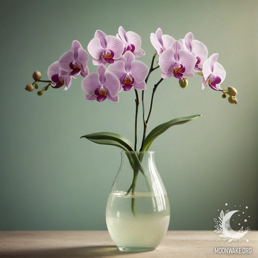 A minimalist composition featuring an orchid in a pastel-colored vase, adorned with delicate cobwebs and illuminated by sunrays.