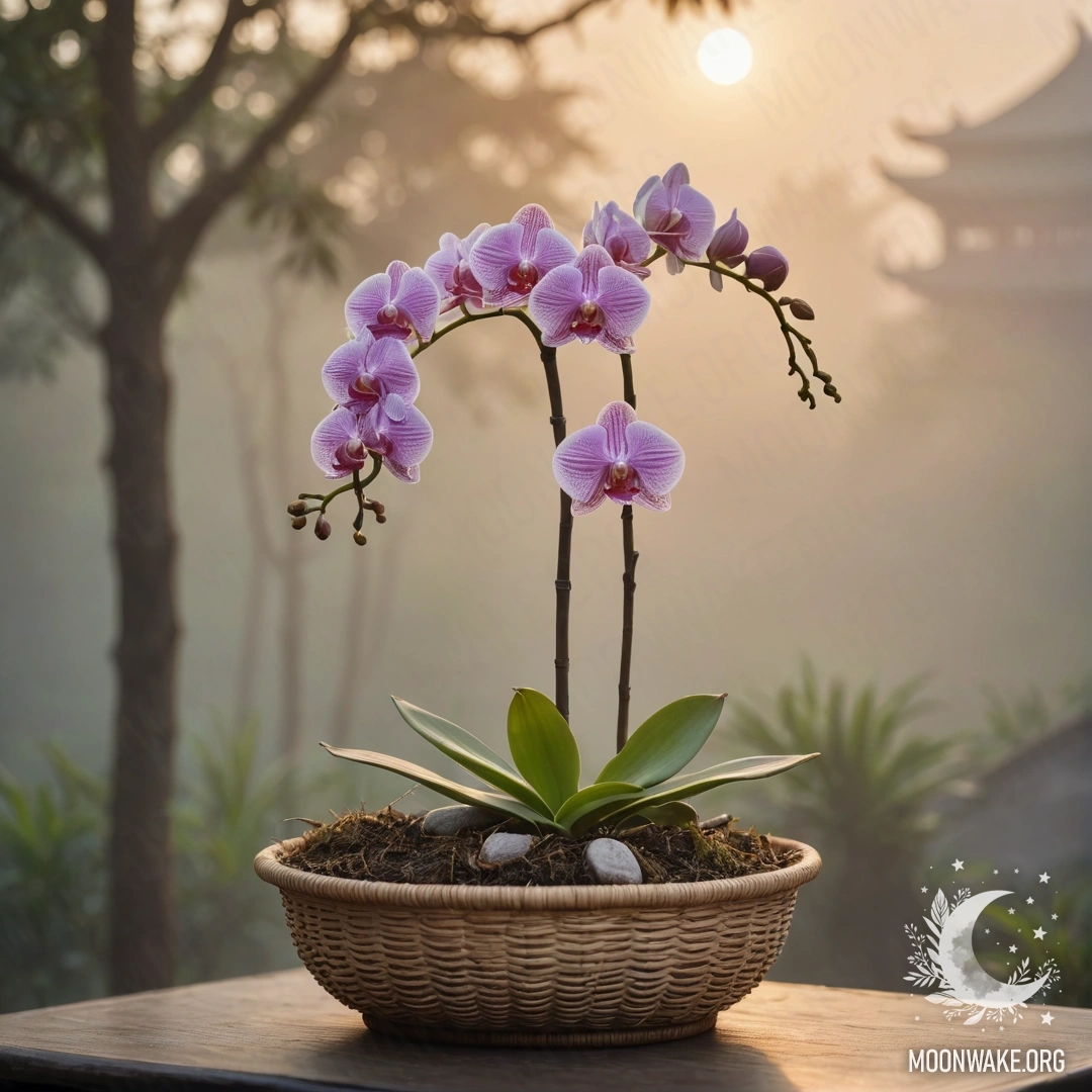 A delicate orchid nestled in a pastel basket, surrounded by mist at sunset.