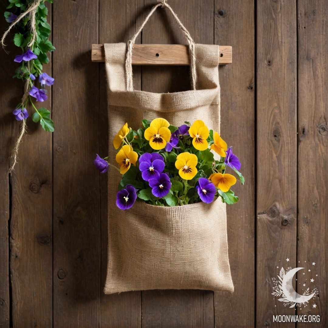 A small burlap bag hangs on a shabby wooden wall, filled with pansies and garland lights.