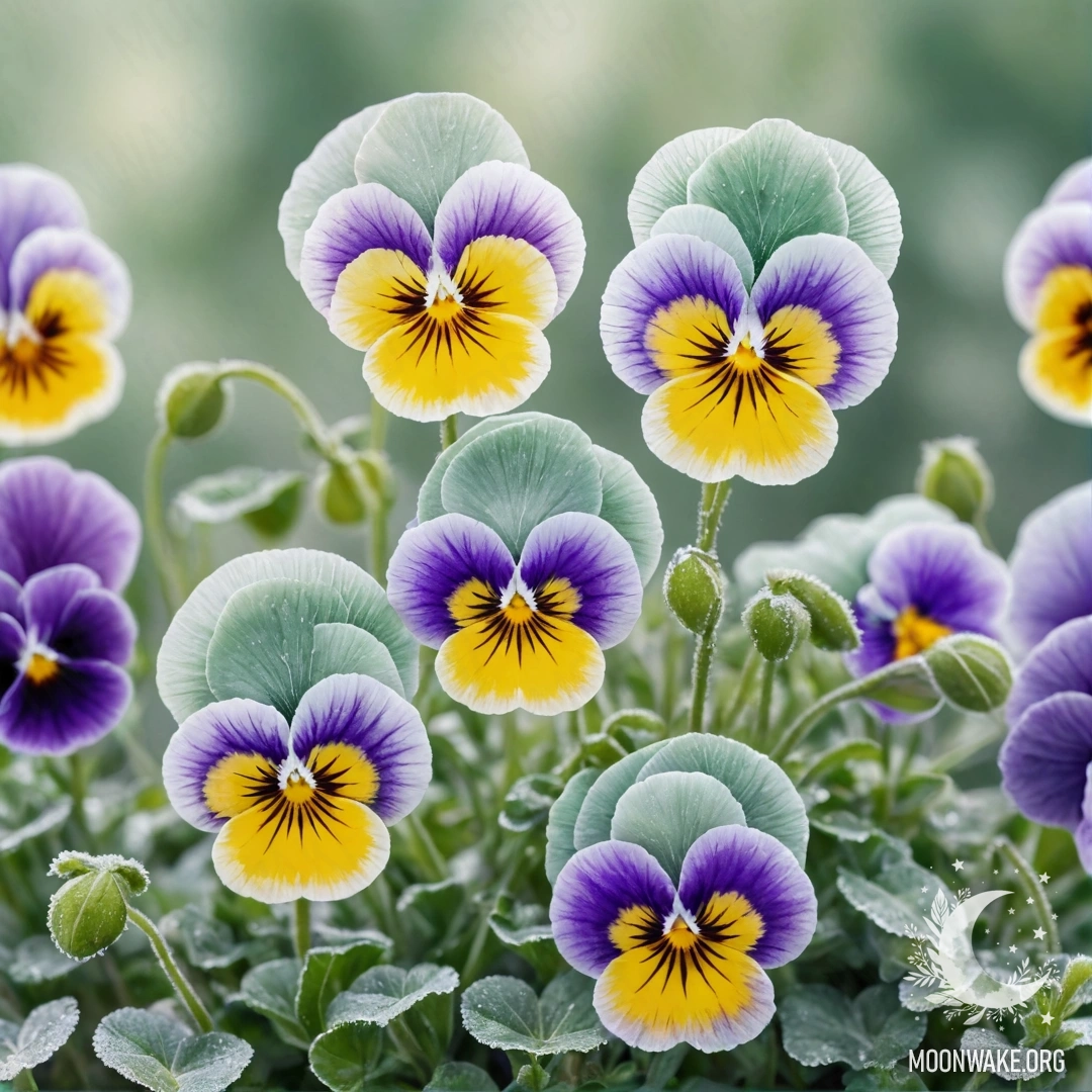 A watercolor painting of minimalist green pansies against a frosty background.