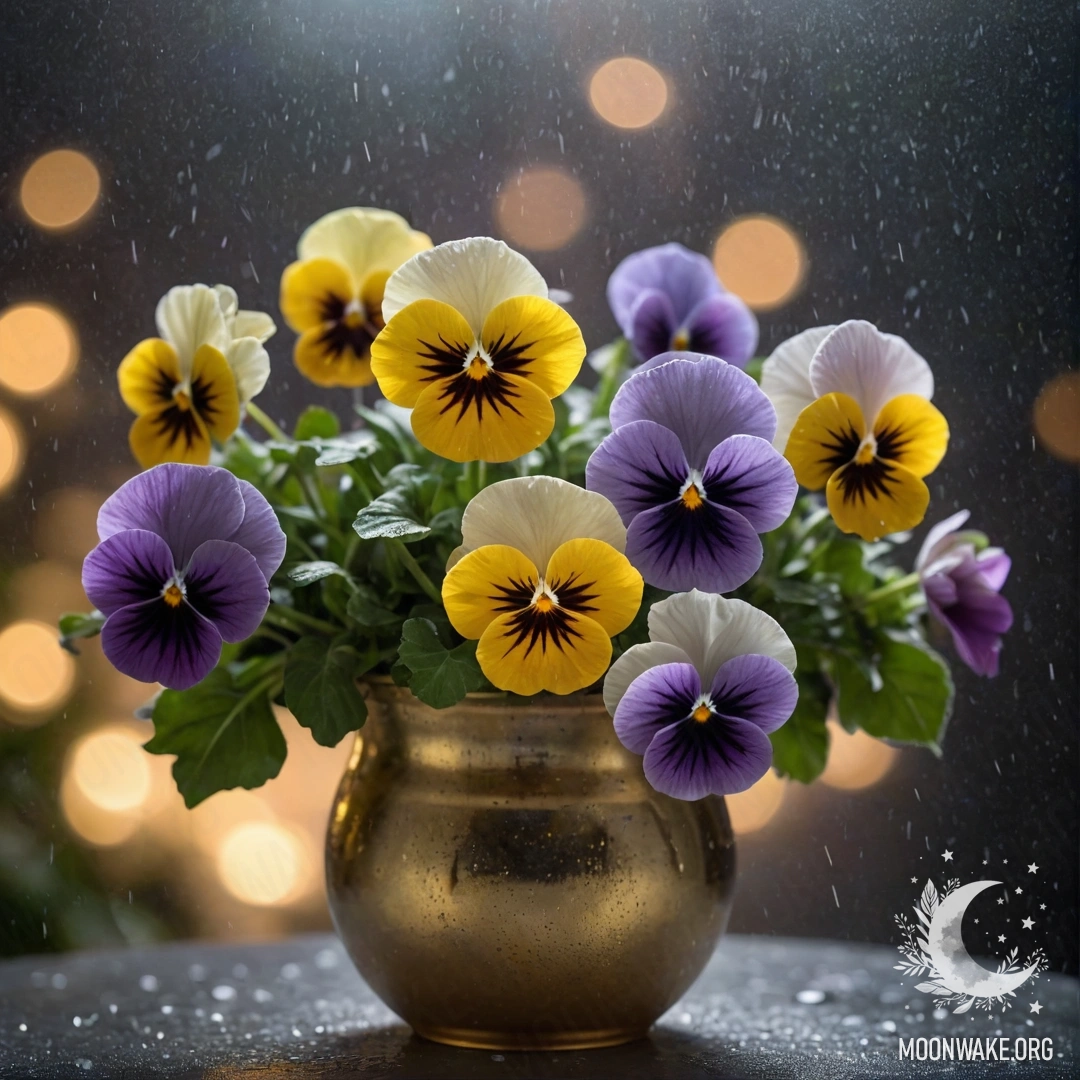 A golden vase with pansies in the mist, rain falling at night.