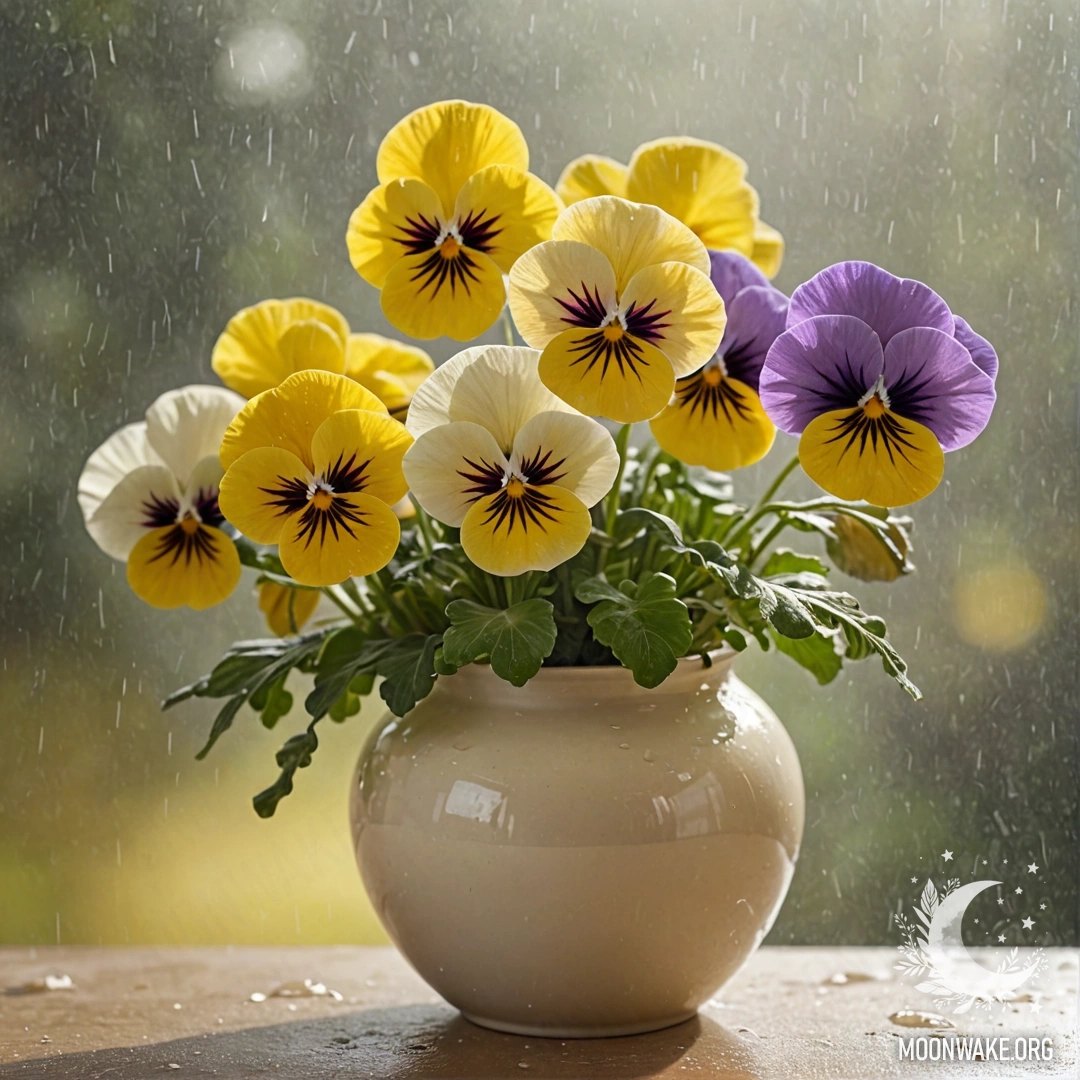 A vase containing cream yellow pansies, surrounded by mist and rain, illuminated by sunny rays.