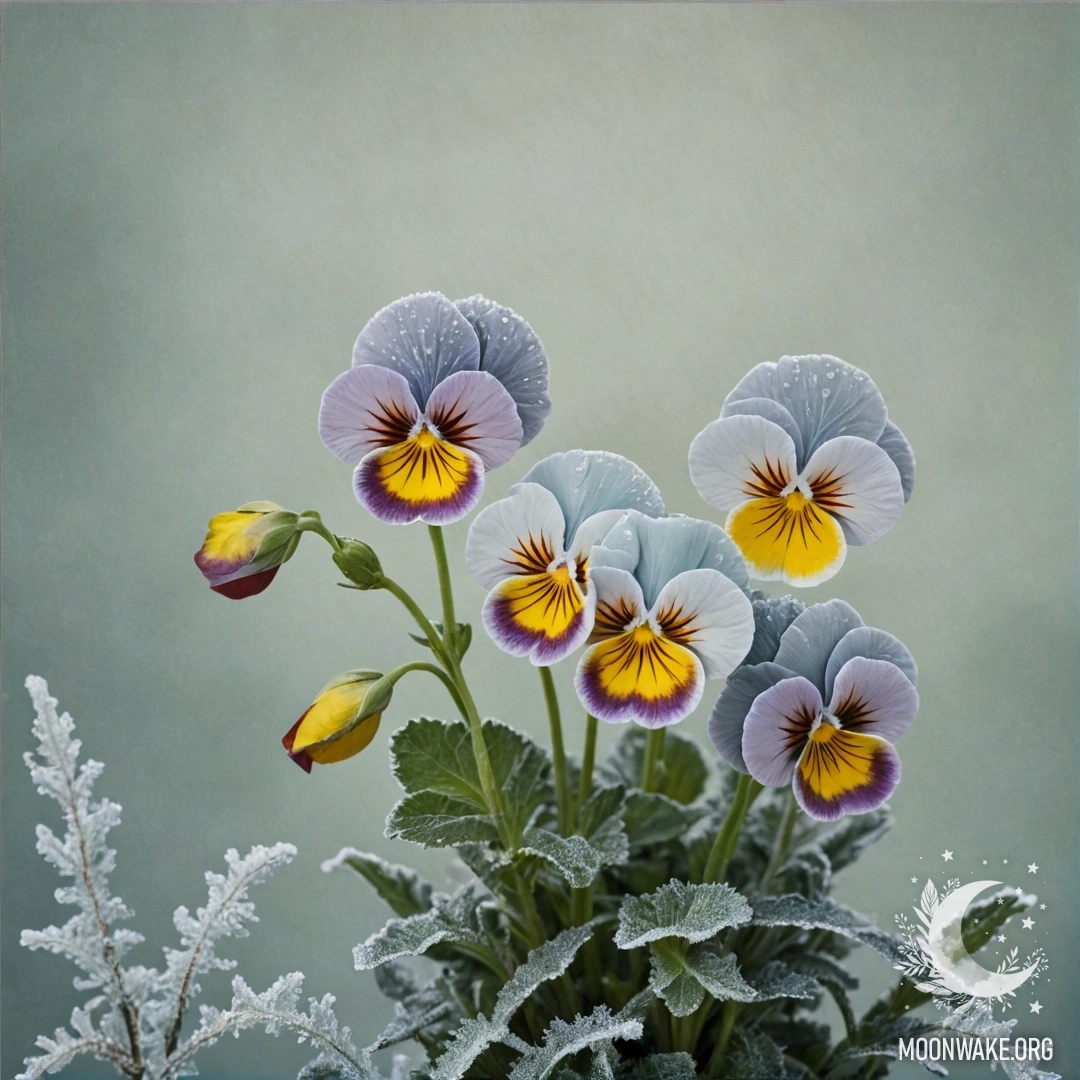 A serene composition of pansies against a frosted sage background.