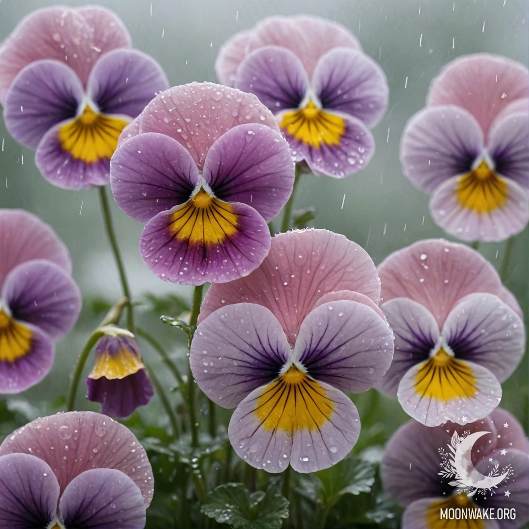 A delicate arrangement of pink pansies under a misty rain background.
