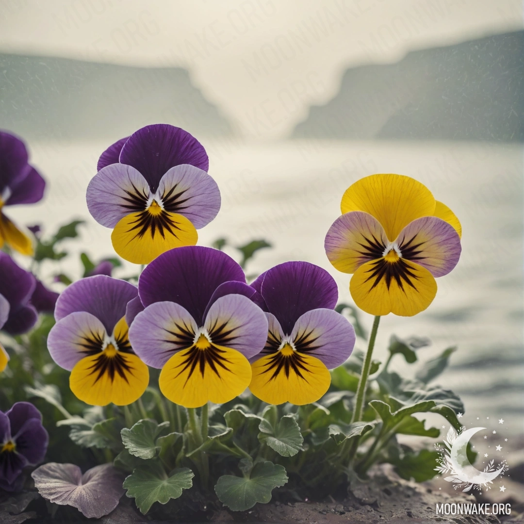 Minimalist Pansies in Misty Light A soft arrangement of pansies enveloped in a gentle fog with rays of sunlight piercing through, in hues reminiscent of sea waves.