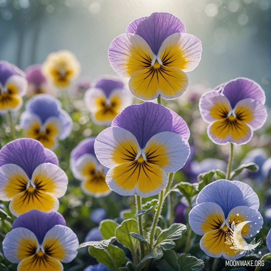 A soft blue painting of pansies in the fog with sunlight patterns.