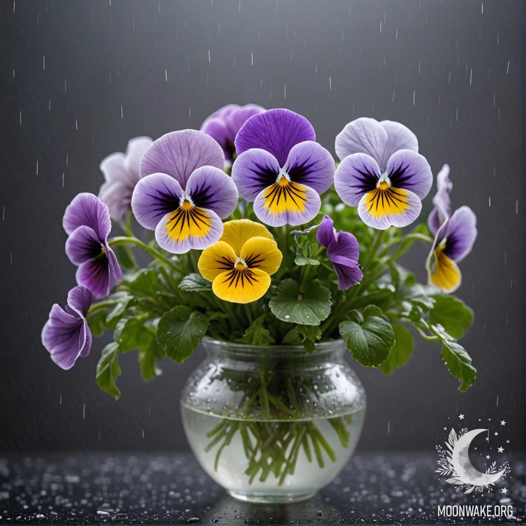 Minimalist Pansies in the Rainy Night A vase containing pastel-colored pansies in mist during rain at night.