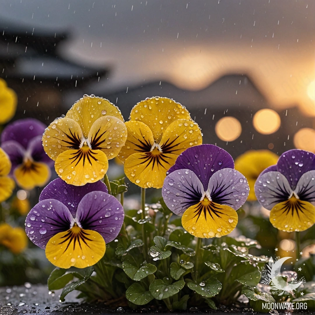 Minimalist Pansies Under Rain at Sunset A minimalist depiction of yellow pansies under the rain at sunset, adorned with rhinestones, capturing Japanese art style.