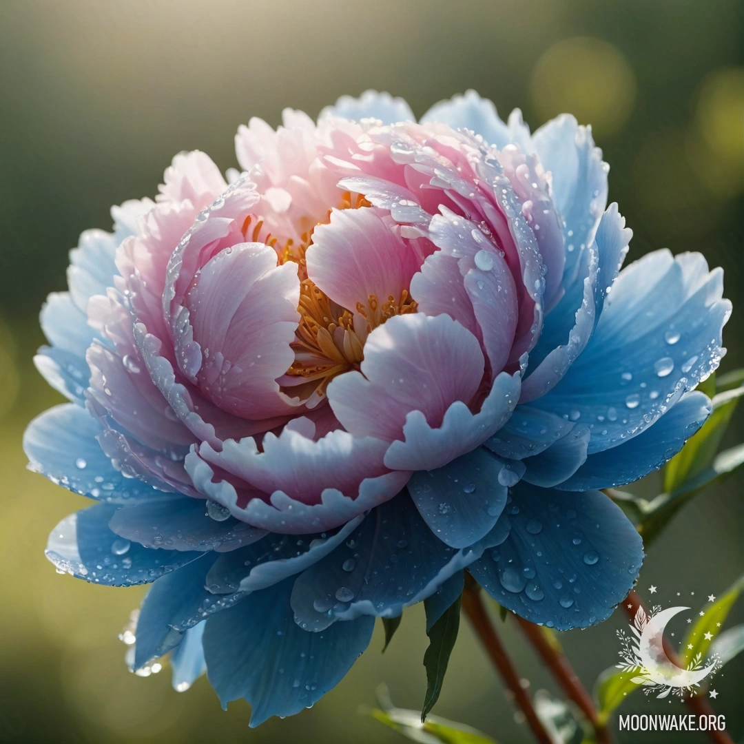 A minimalist bouquet of blue peonies adorned with dew drops under sunny rays.