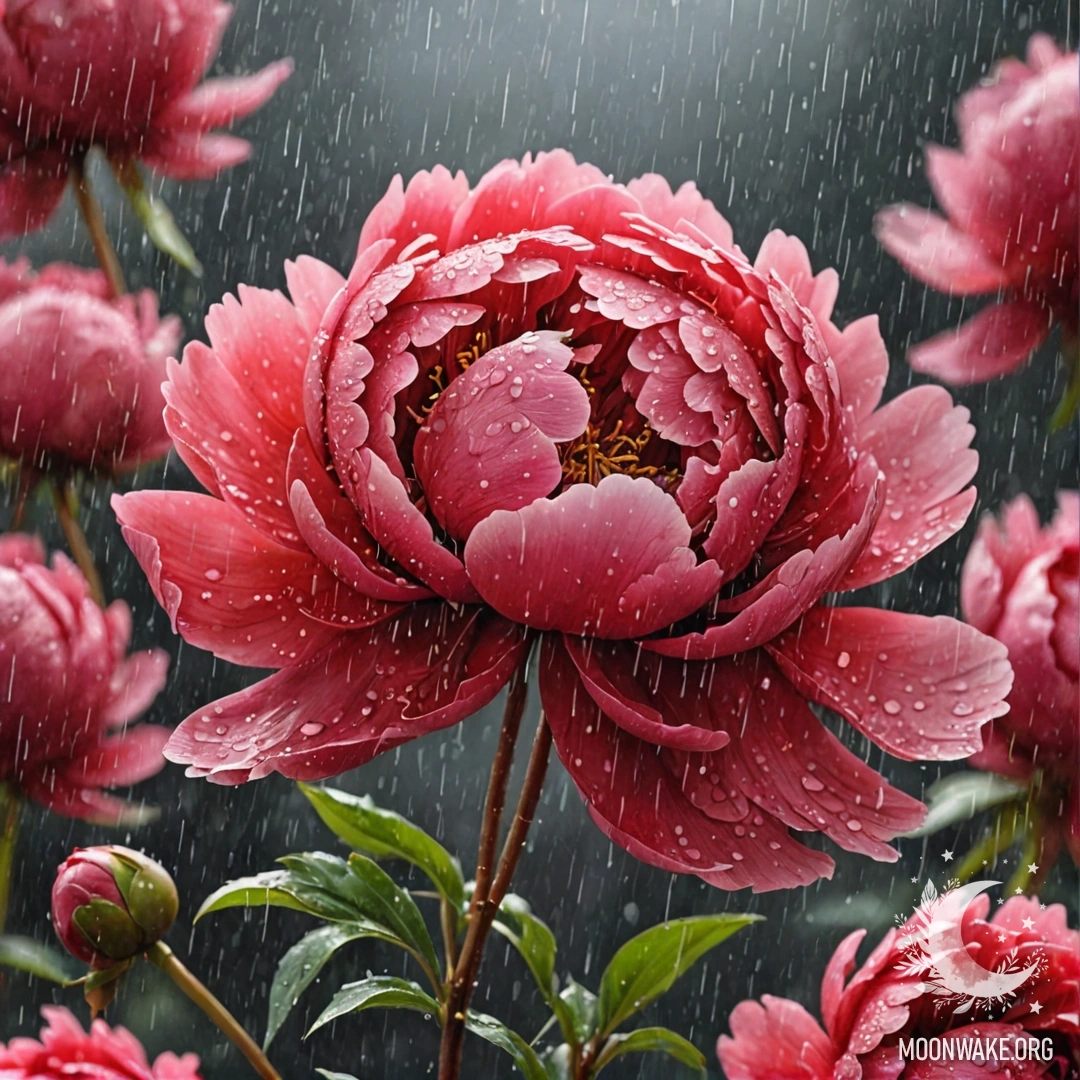 A red peony flower under rain with glimmering droplets.