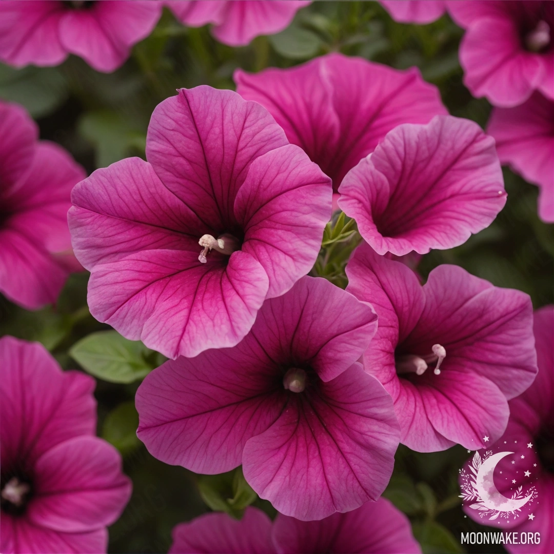 A minimalist artwork featuring fuchsia petunias enveloped in mist, resembling an old postcard.