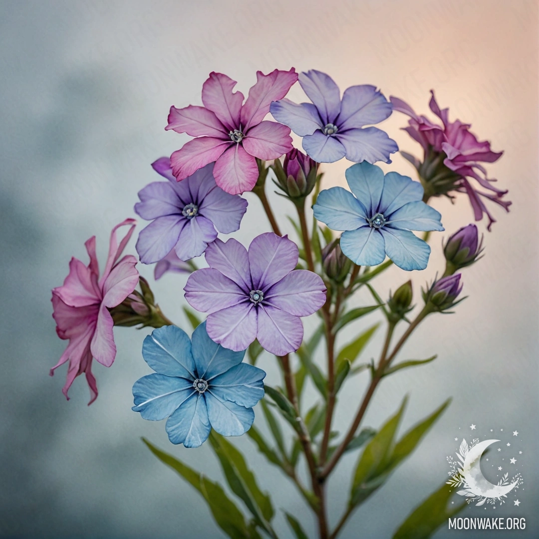Minimalist Phlox Bouquet in Aquamarine Fog A soft bouquet of phlox flowers in aquamarine color emerging through fog at sunset.