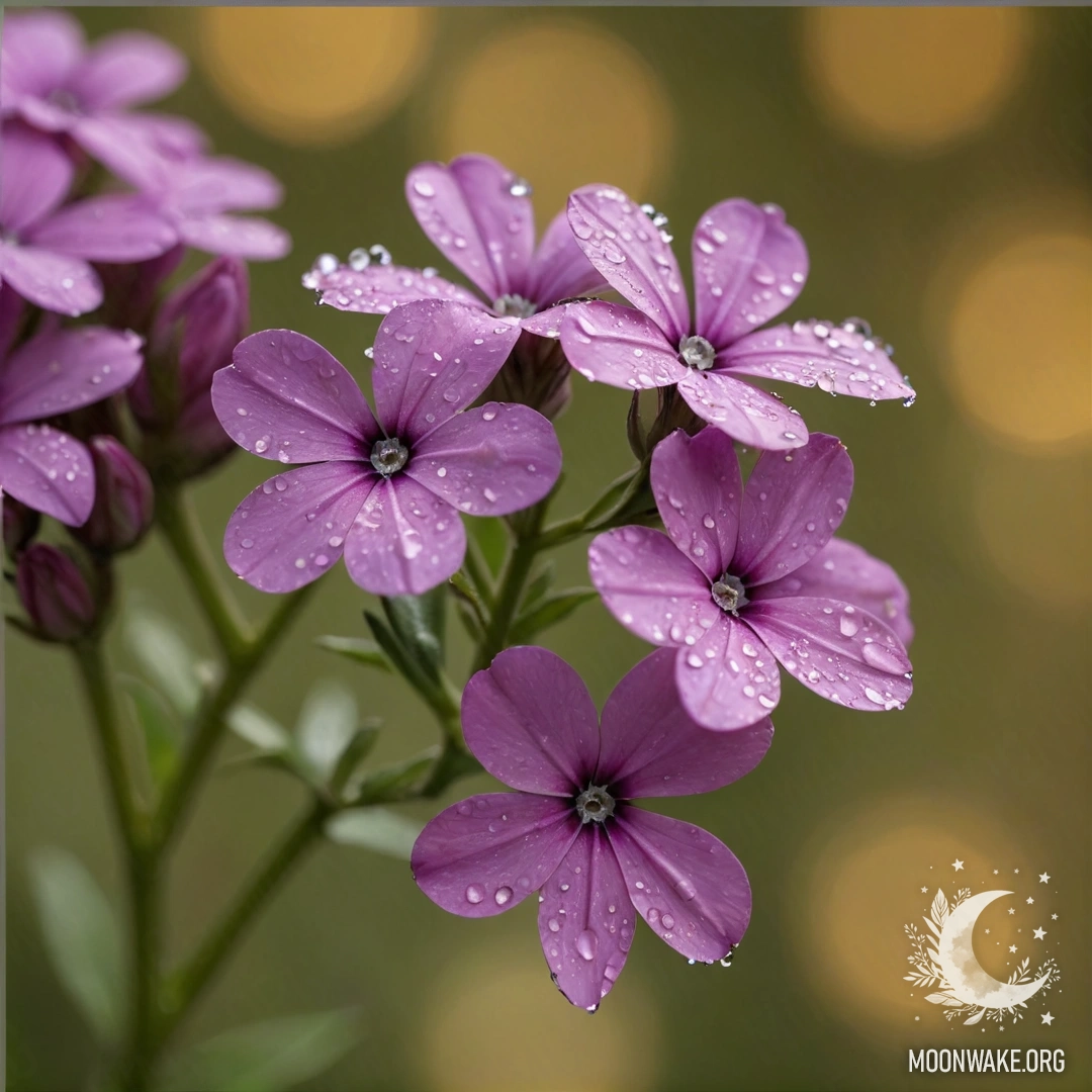 A close-up of a minimalist phlox flower adorned with dew drops and golden sequins.