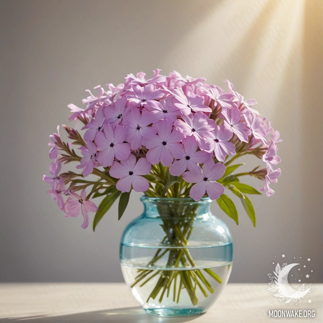 A minimalist vase holding delicate phlox flowers bathed in sunlight.