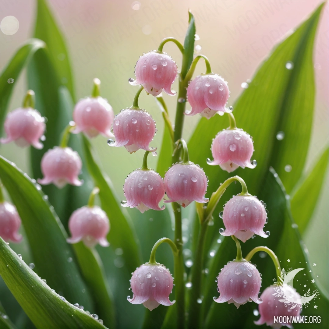 A delicate pink lily of the valley adorned with dew drops, basking in sunny rays.