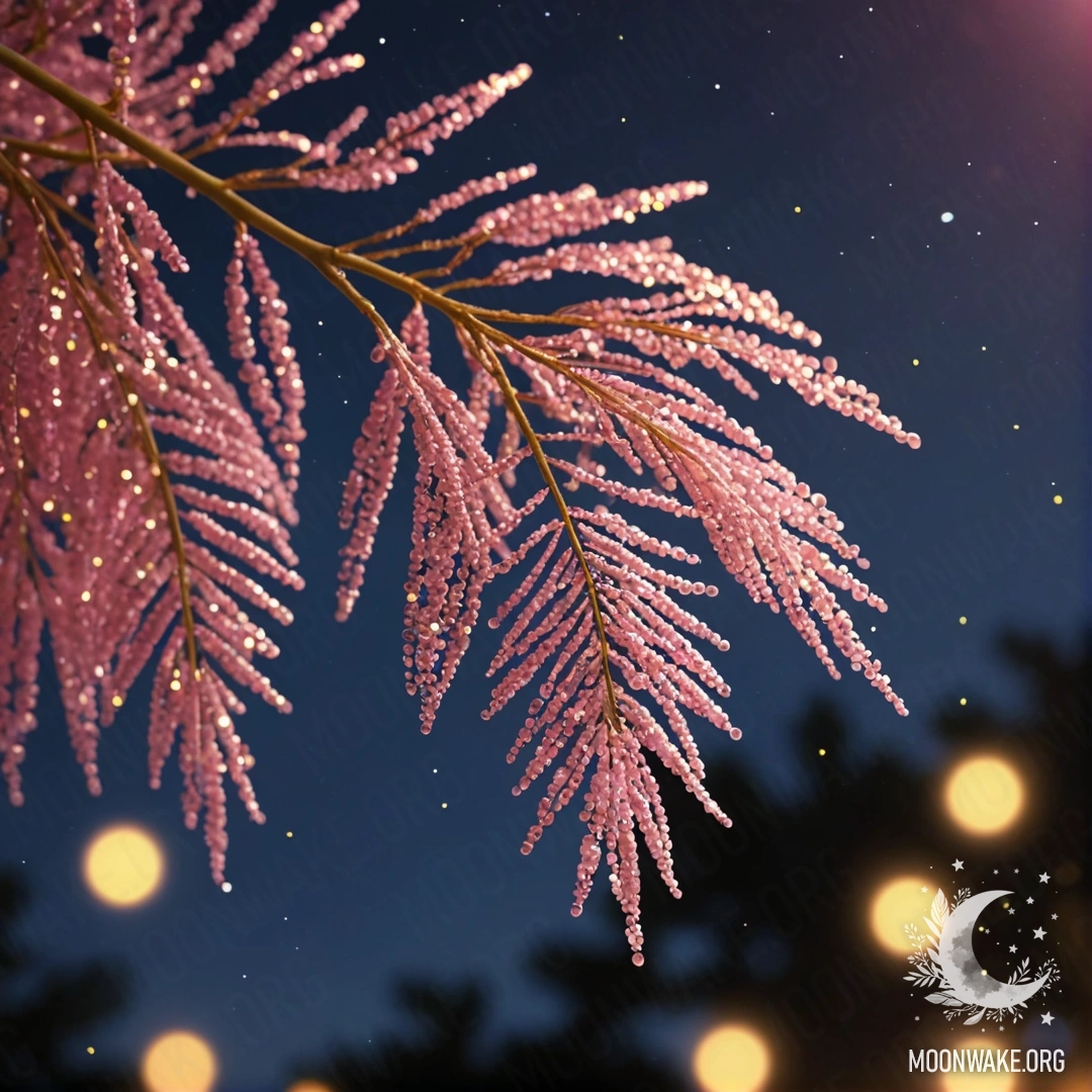 A serene scene featuring pink mimosas against a night sky with sequins.