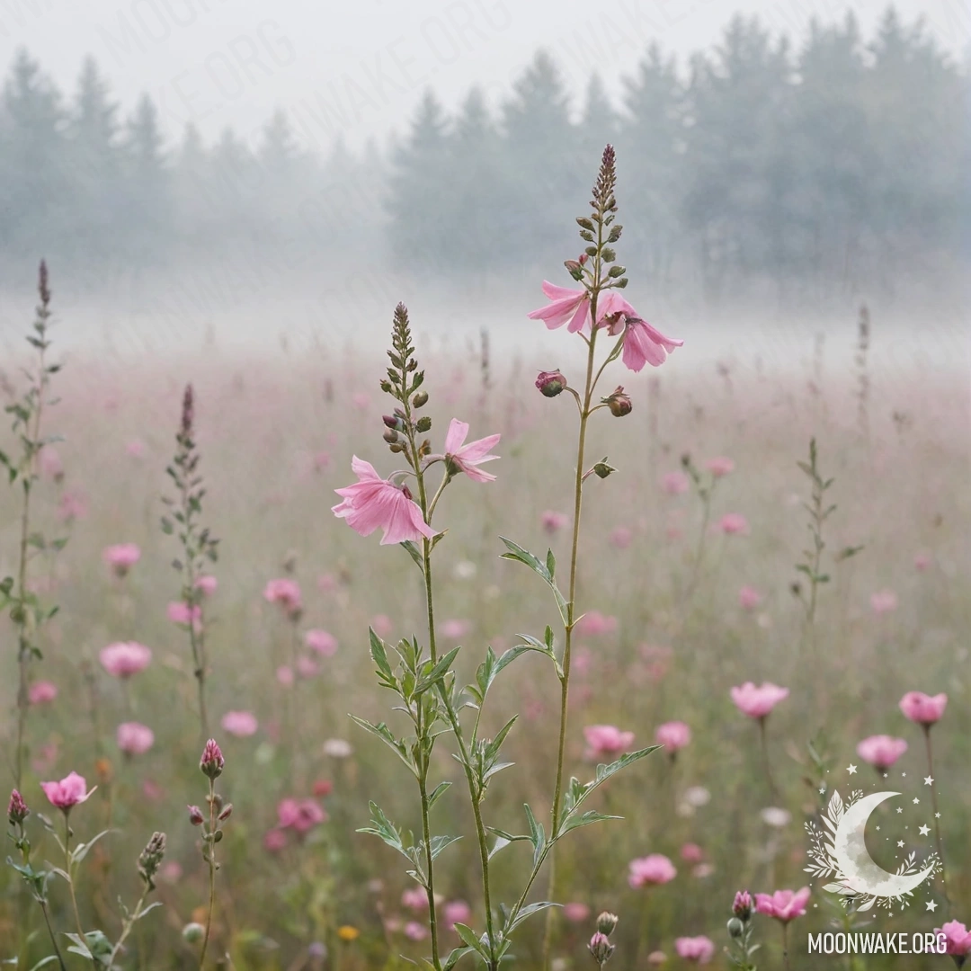 Minimalist Pink Wildflowers in Fog Watercolor painting of wildflowers in pink colors surrounded by fog.