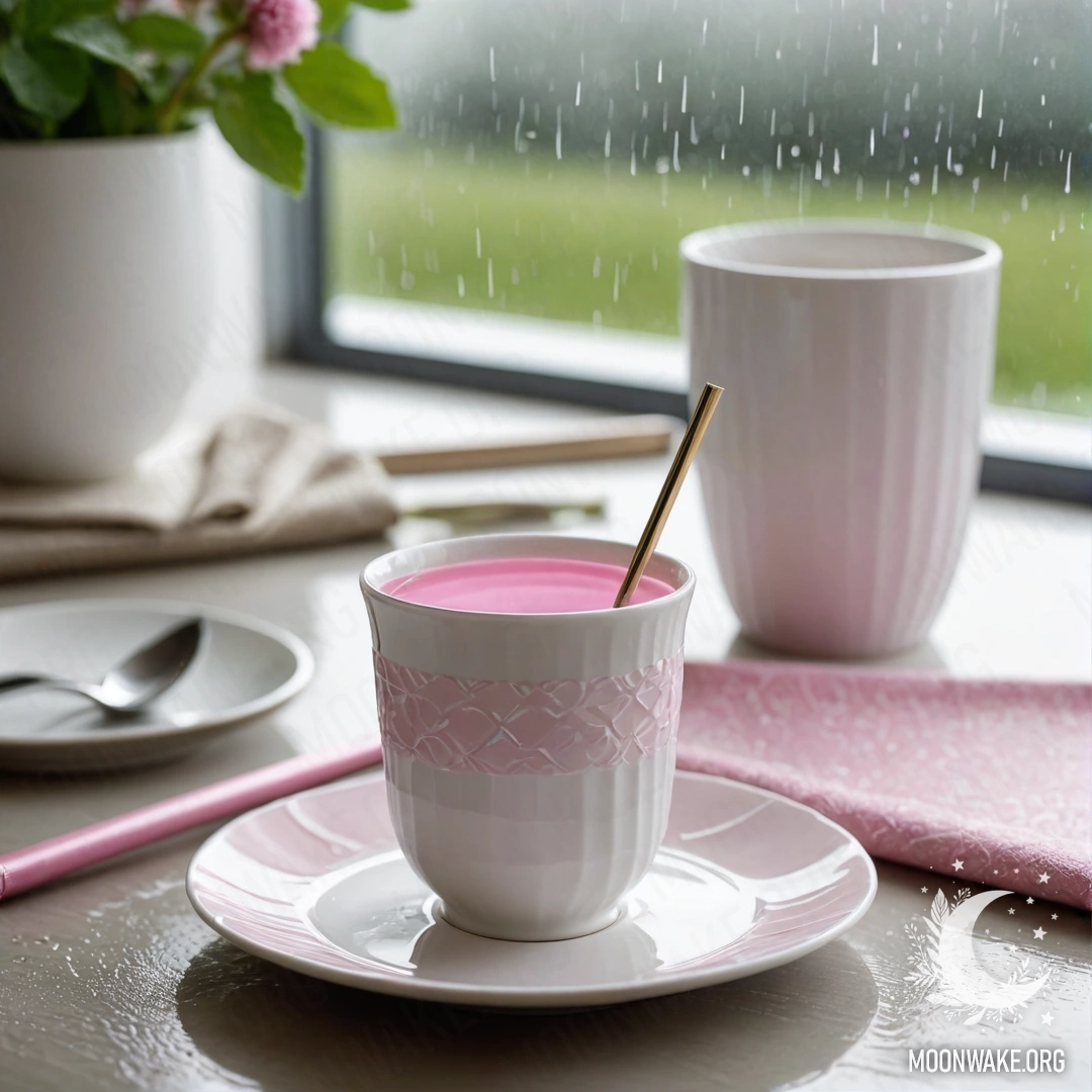 A round straw napkin with white porcelain cups featuring a pink pattern, alongside a clover in a white vase under the rain.