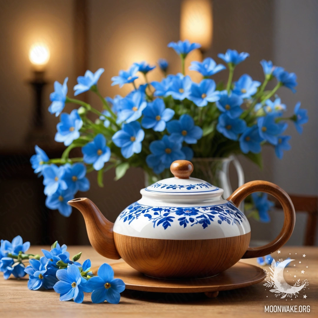 A round wooden table with a porcelain teapot and blue flowers illuminated by garland lights.