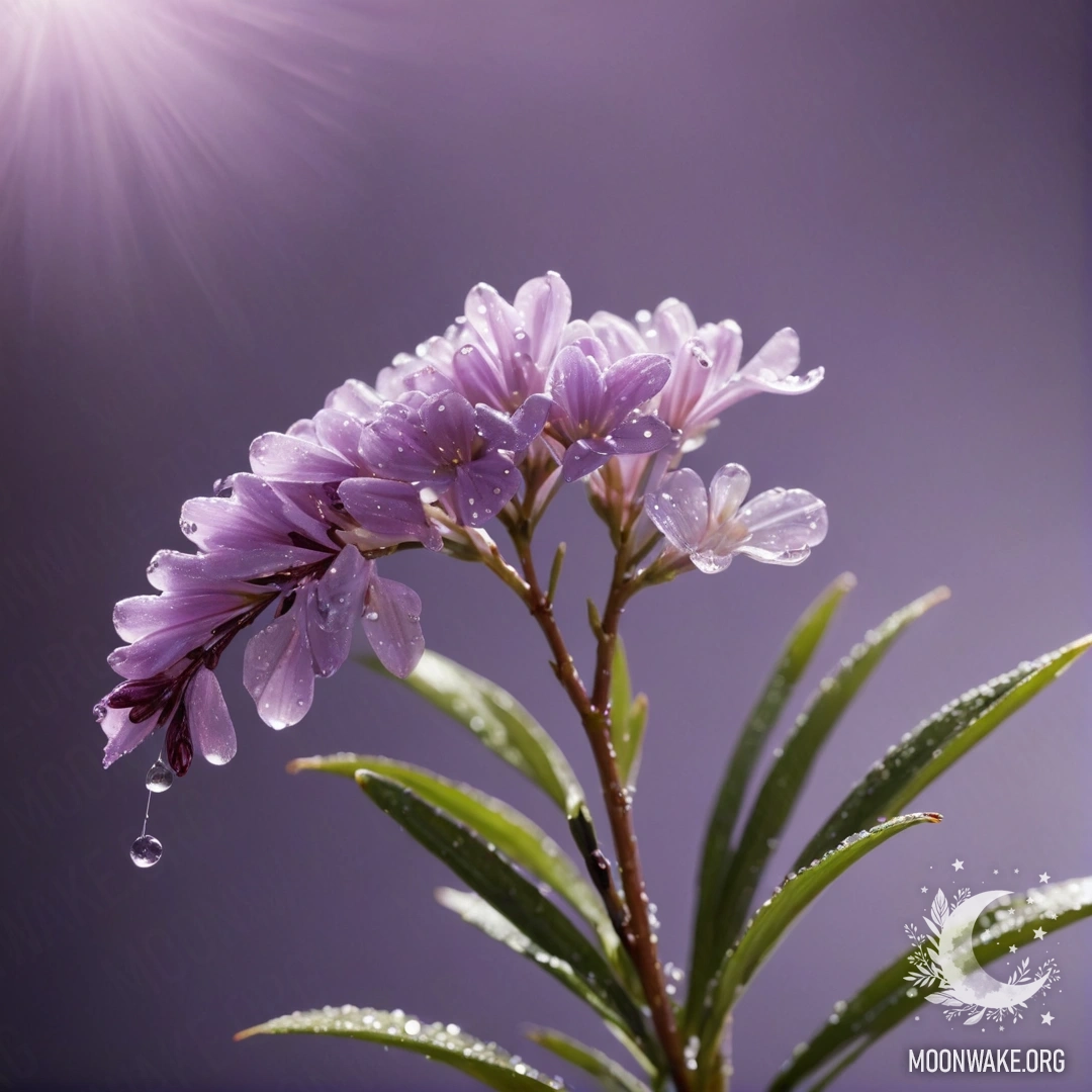 A minimalist bouquet of purple heather adorned with glistening dew drops under sunny rays.