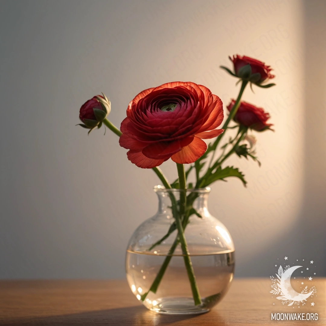 A delicate ranunculus flower in a red vase, adorned with a web, set against the backdrop of a sunset.