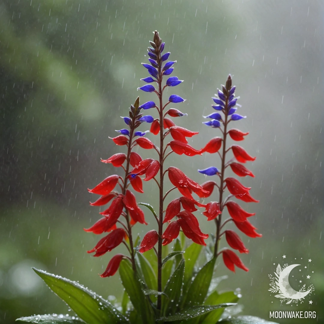 A bouquet of red lobelia flowers in a misty setting under rain with sunlight filtering through.